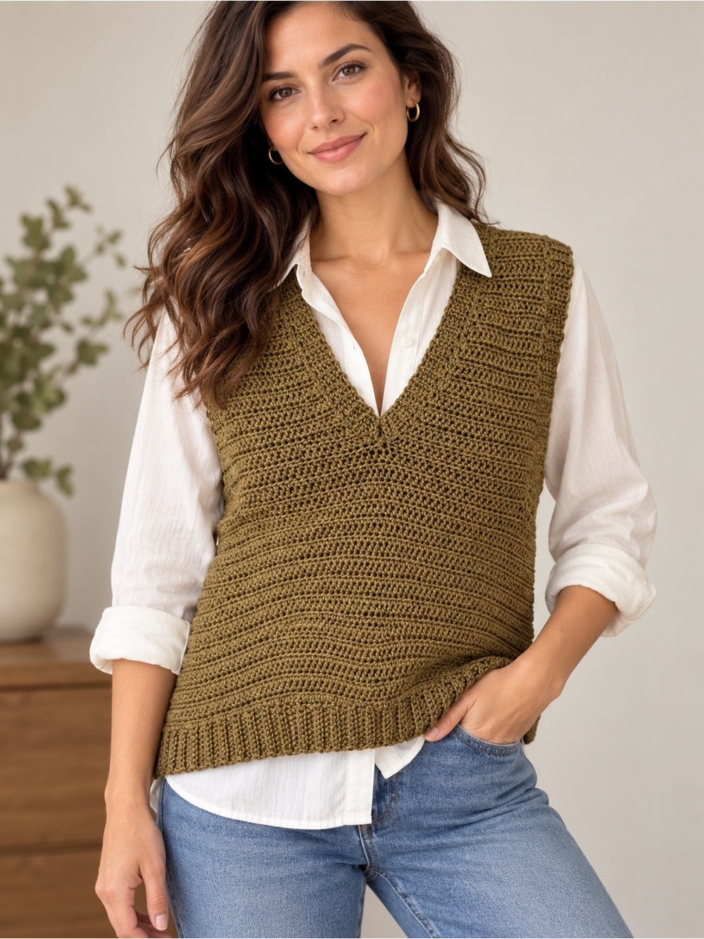 Handmade 100% Wool Crochet Sweater Vest Olive V-Neck NWOT Boho Cottagecore Indie